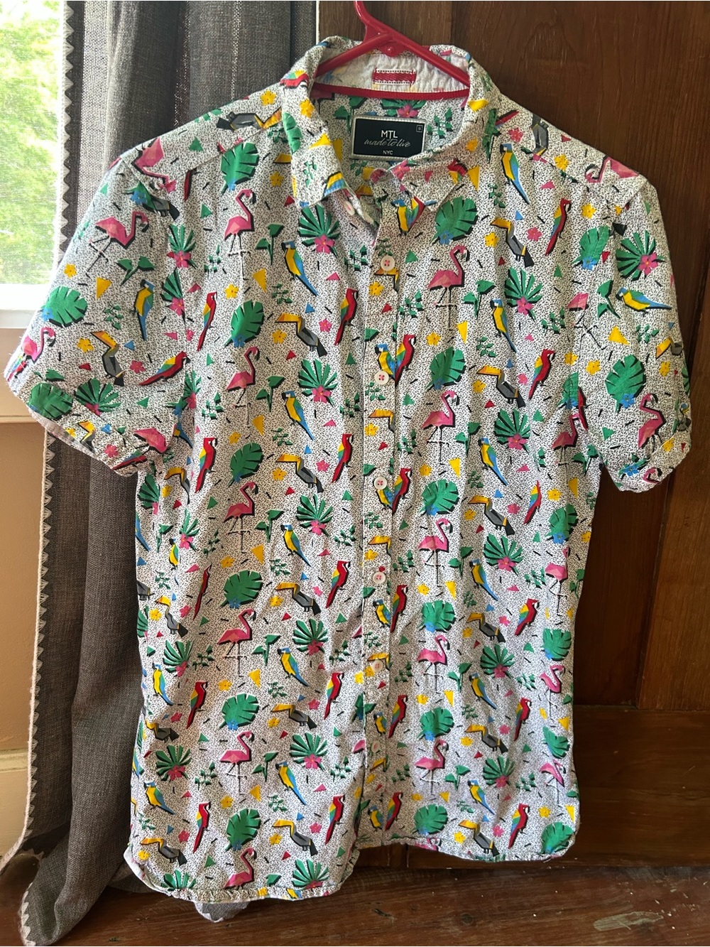 MTL Short-Sleeve Tropical Print Shirt - White with Pink & Green